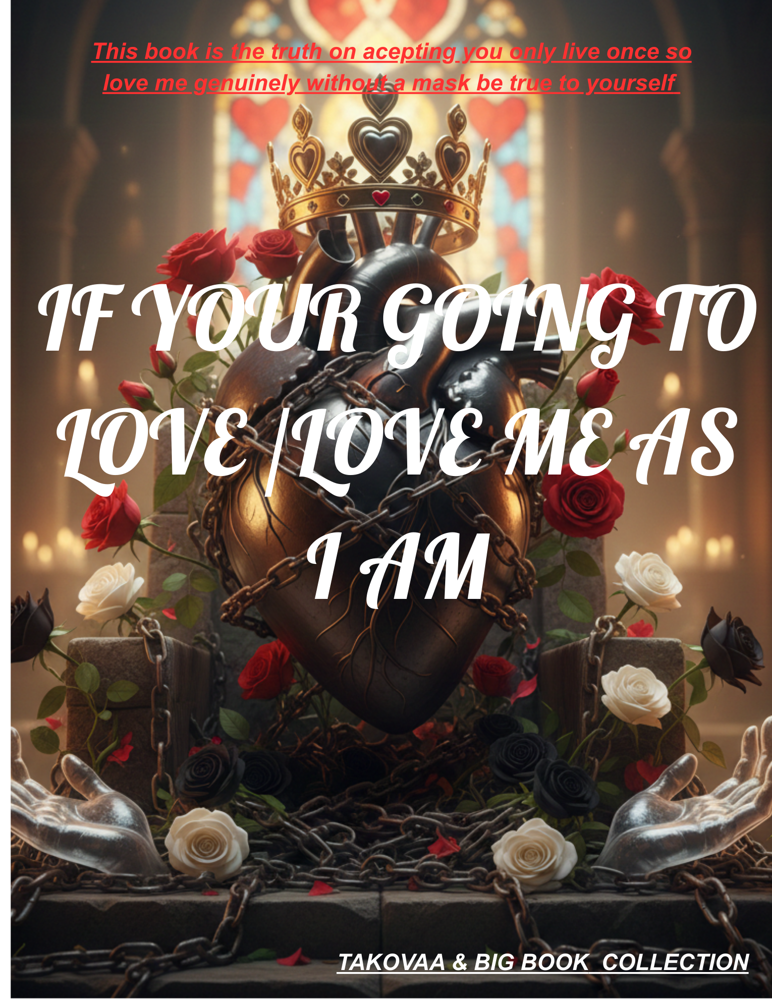 Heart with a crown, roses, and chains on a dark background with text overlay.