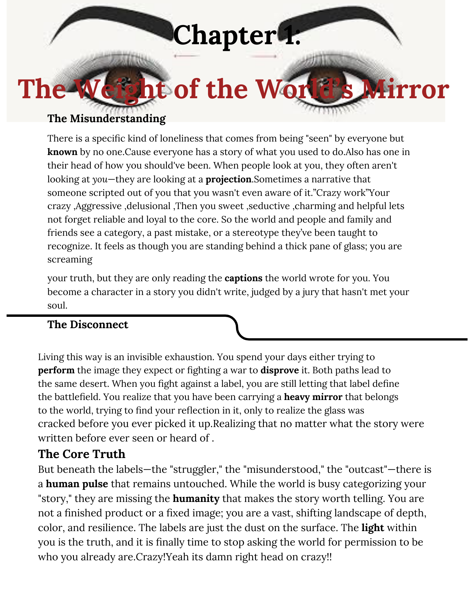 Text document with chapter title 'The Weight of the World's Mirror' and introductory text on a white background.