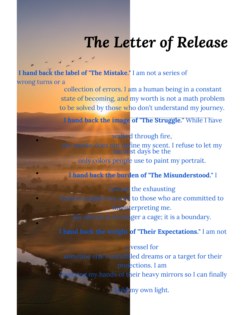 Text overlay on a scenic background with sunset and water.