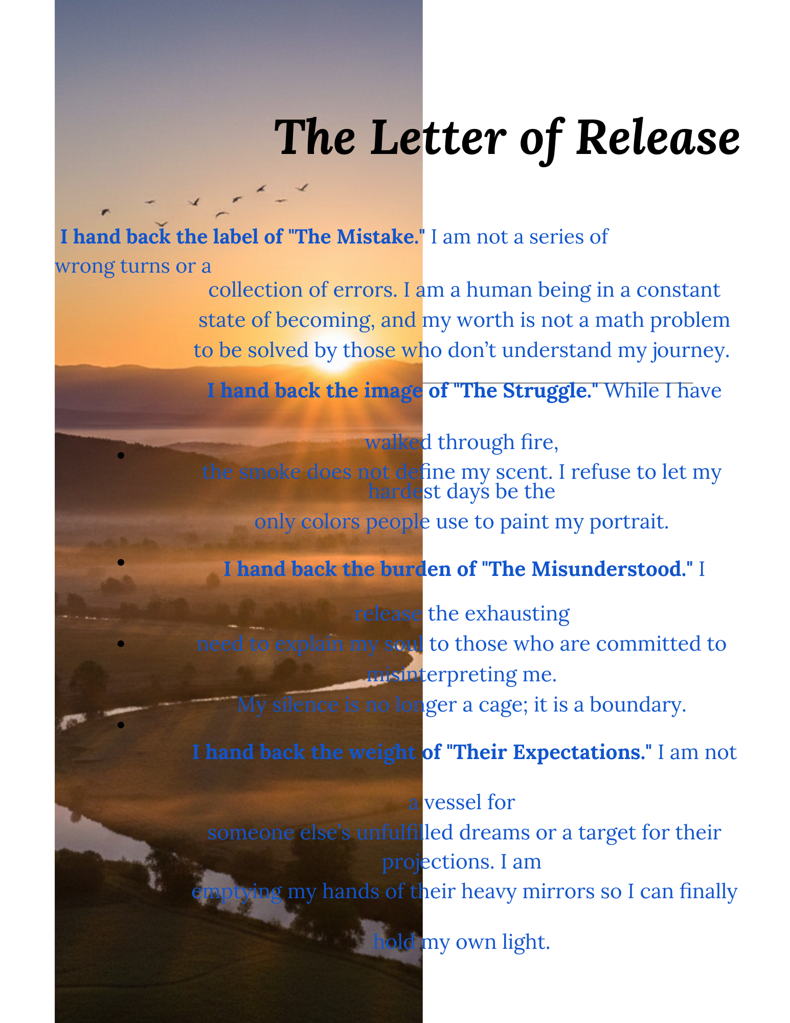 Text overlay on a scenic background with sunset and water.