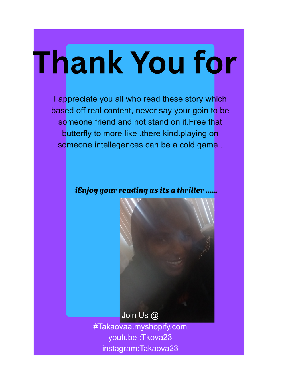 Text-based image with a purple border and blue center, featuring a person's face.