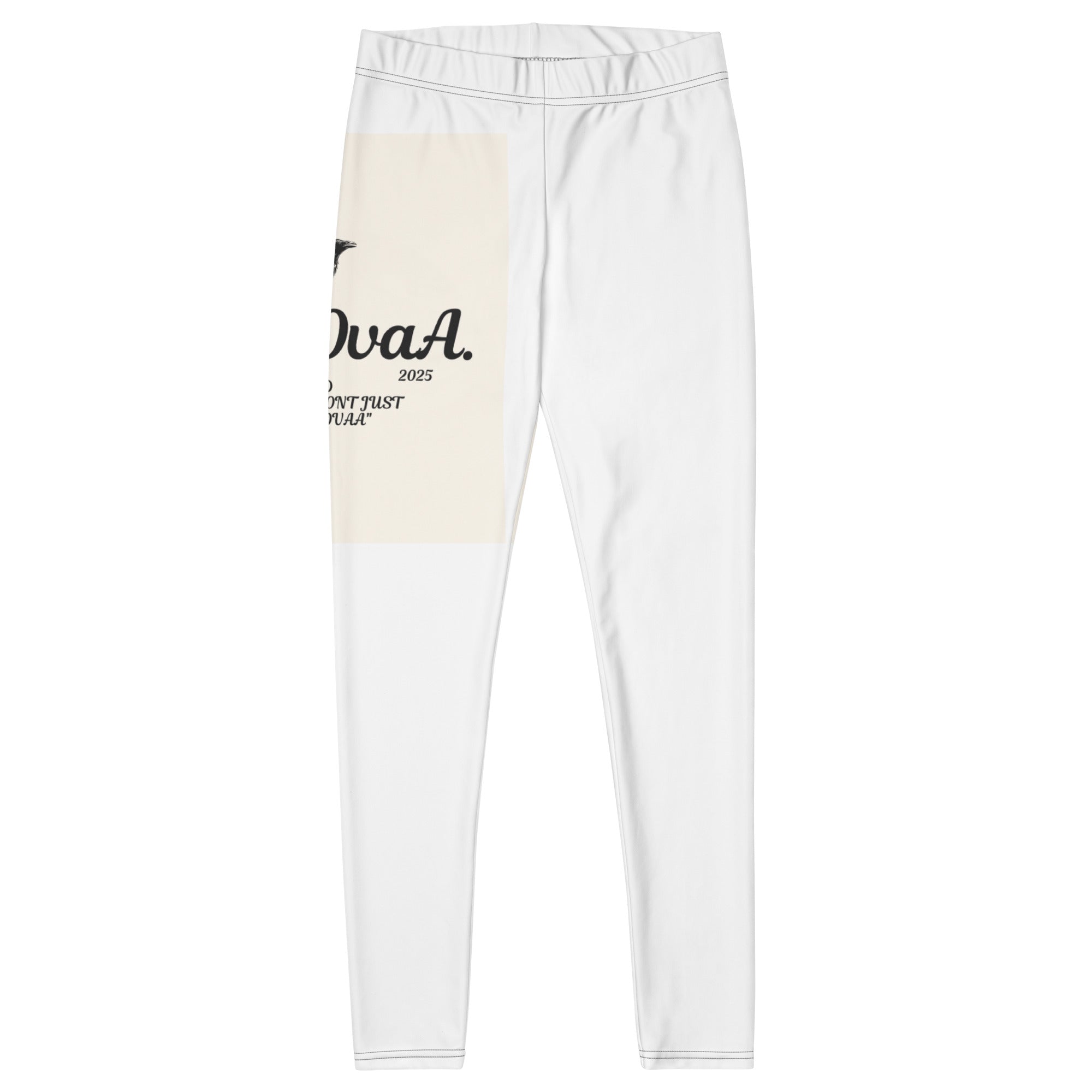 White and beige gradient leggings with text on a white background