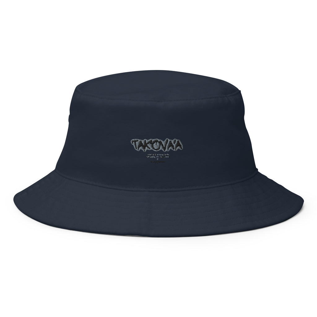 Black bucket hat with a logo on a white background