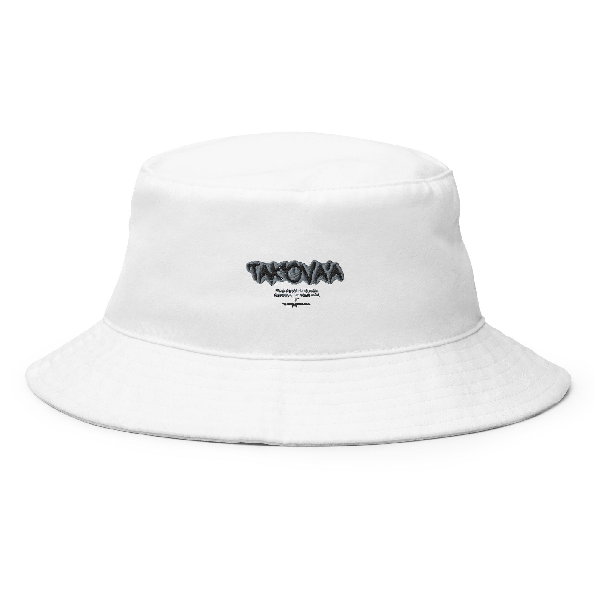 White bucket hat with black text on a white background