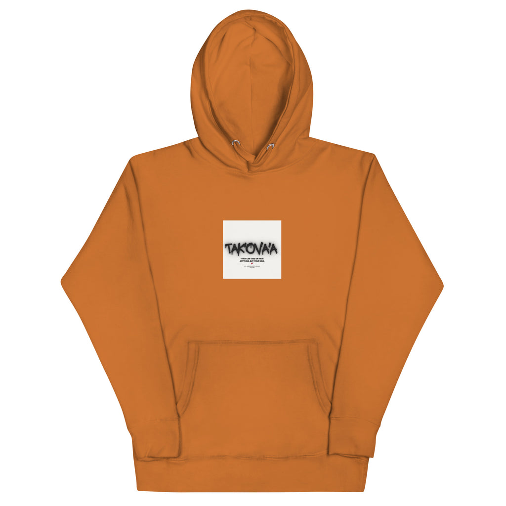 Orange hoodie with a white logo on a white background