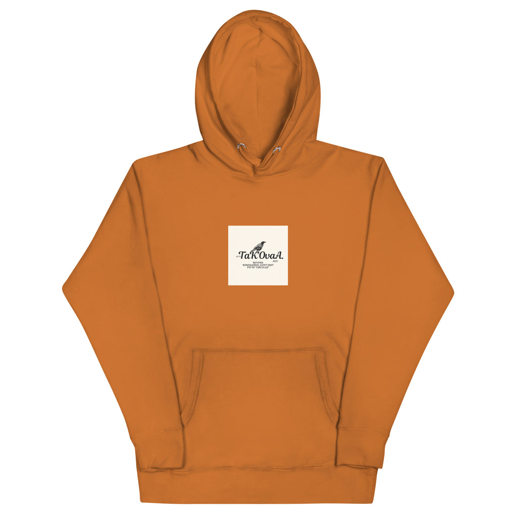 Orange hoodie with a white logo on a white background