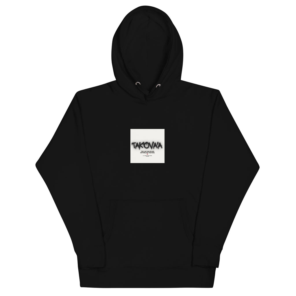 Black hoodie with a white logo on a white background