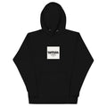 Black hoodie with a white logo on a white background