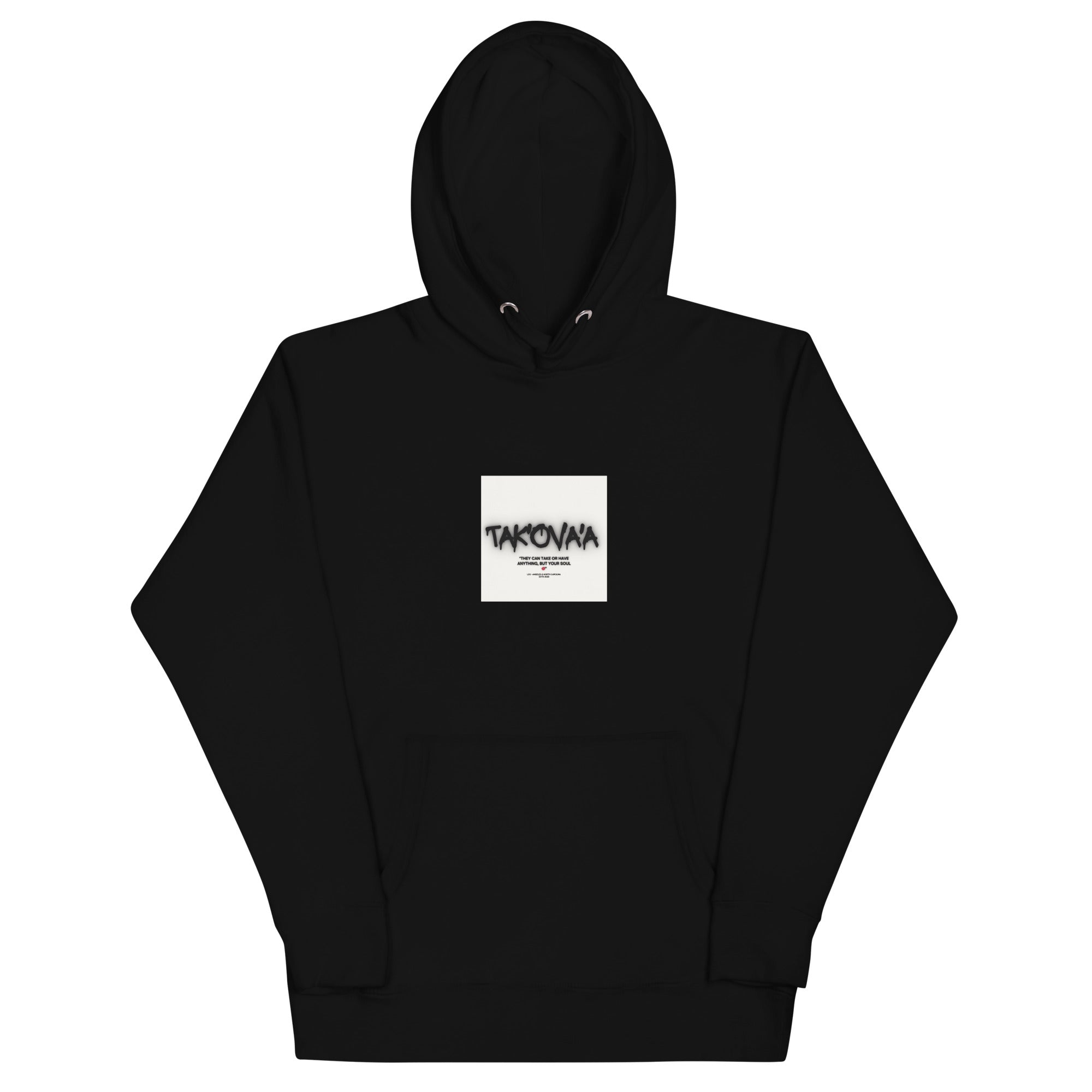 Black hoodie with a white logo on a white background