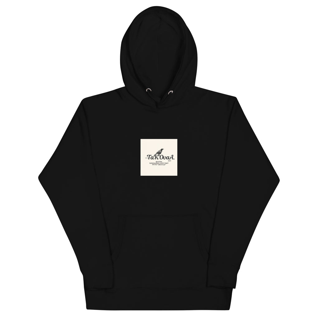 Black hoodie with a white logo on a white background
