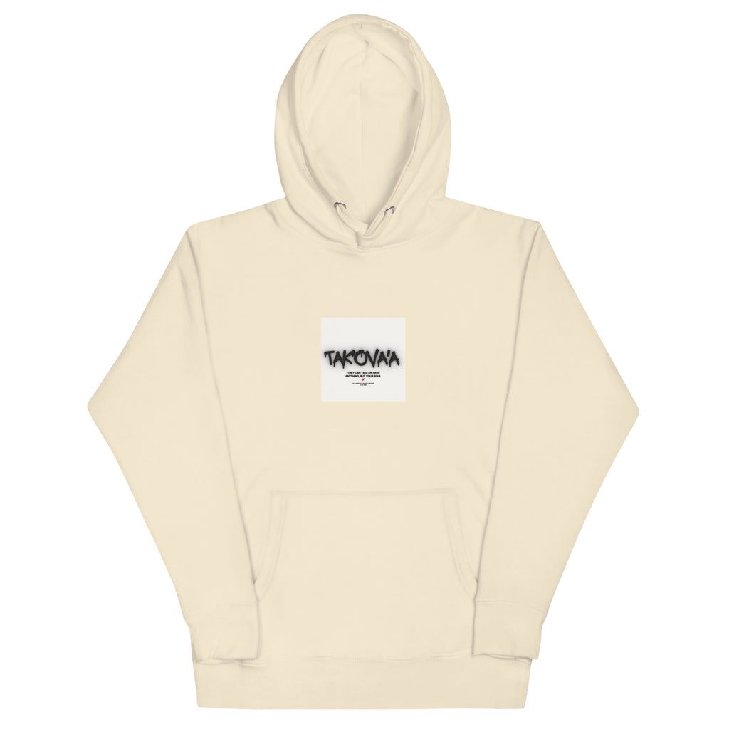 Beige hoodie with a small logo on the chest against a white background
