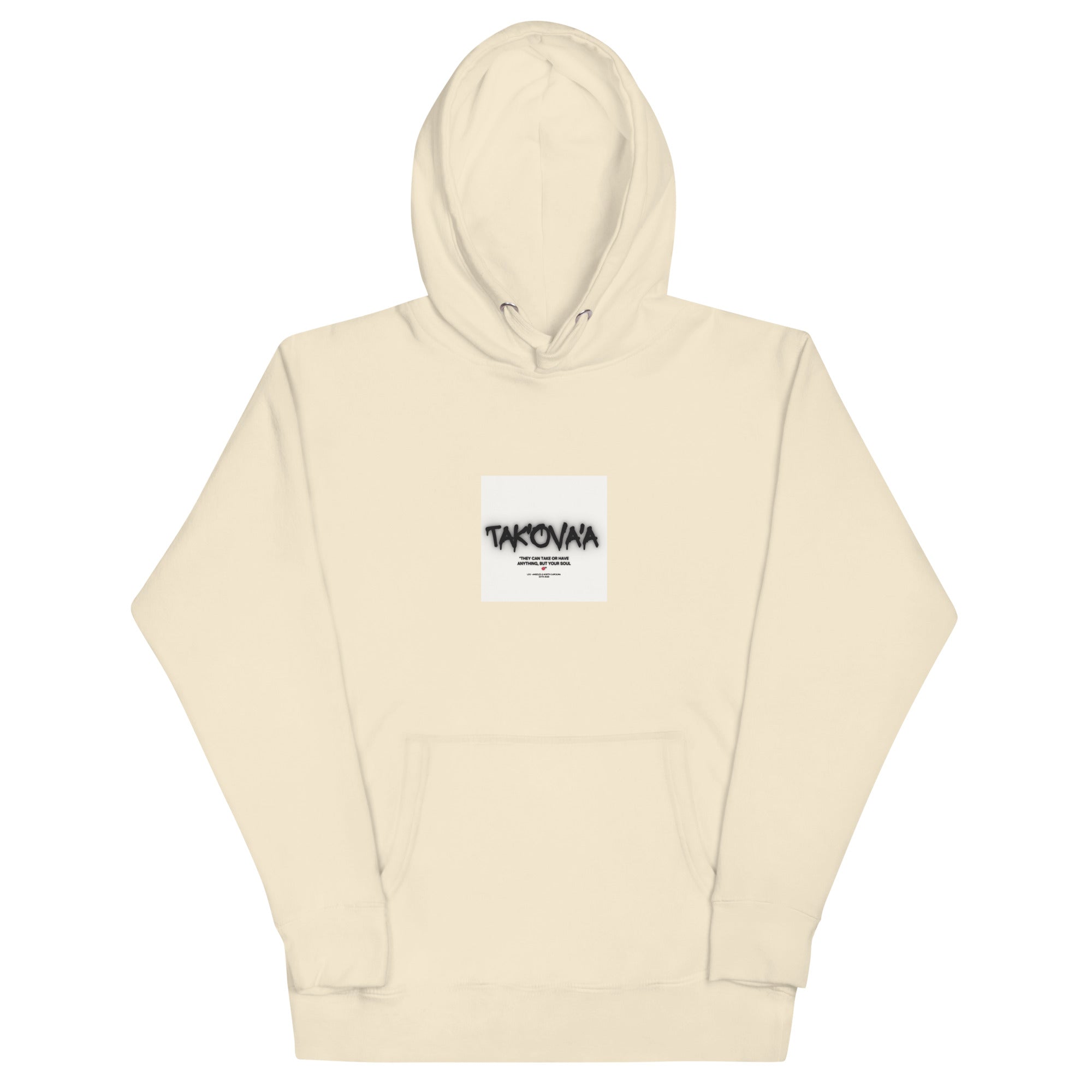 Beige hoodie with a small logo on the chest against a white background