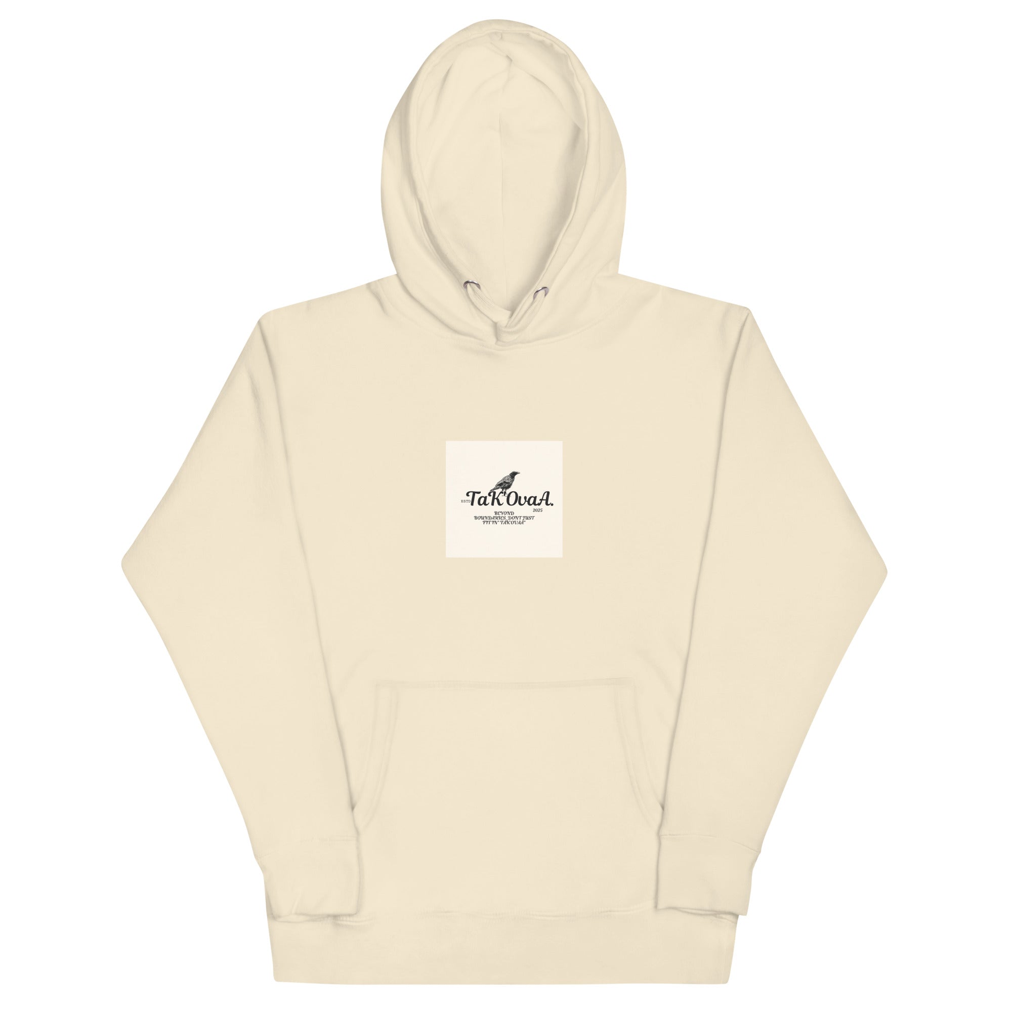 Beige hoodie with a small logo on a white background