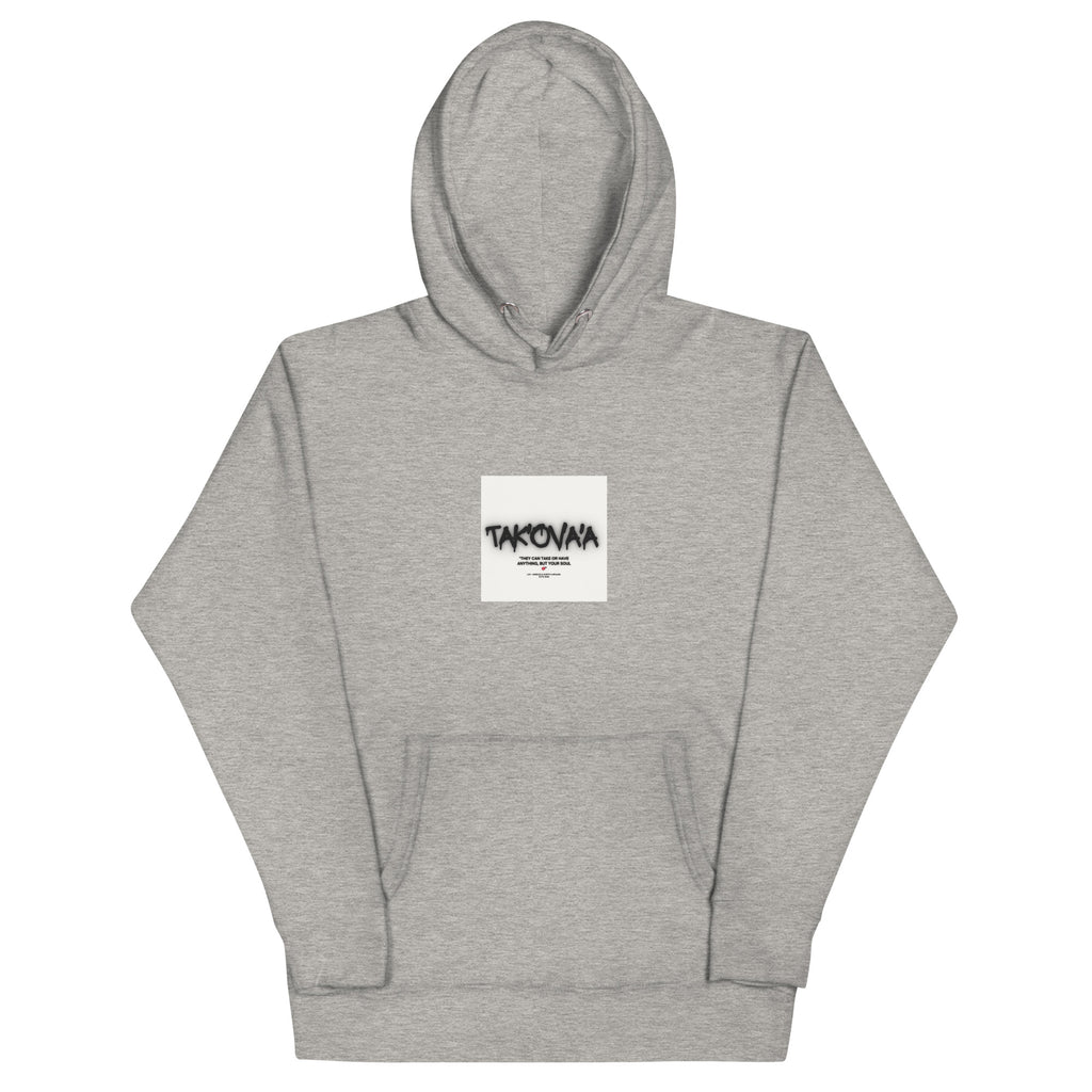 Gray hoodie with a white box logo on a white background