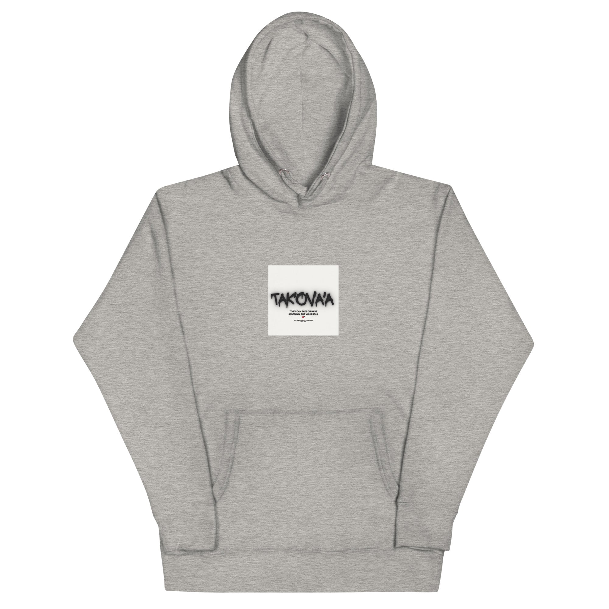 Gray hoodie with a white box logo on a white background