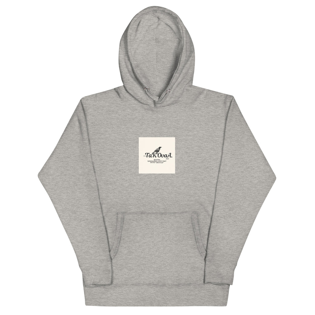 Gray hoodie with a logo on the chest on a white background