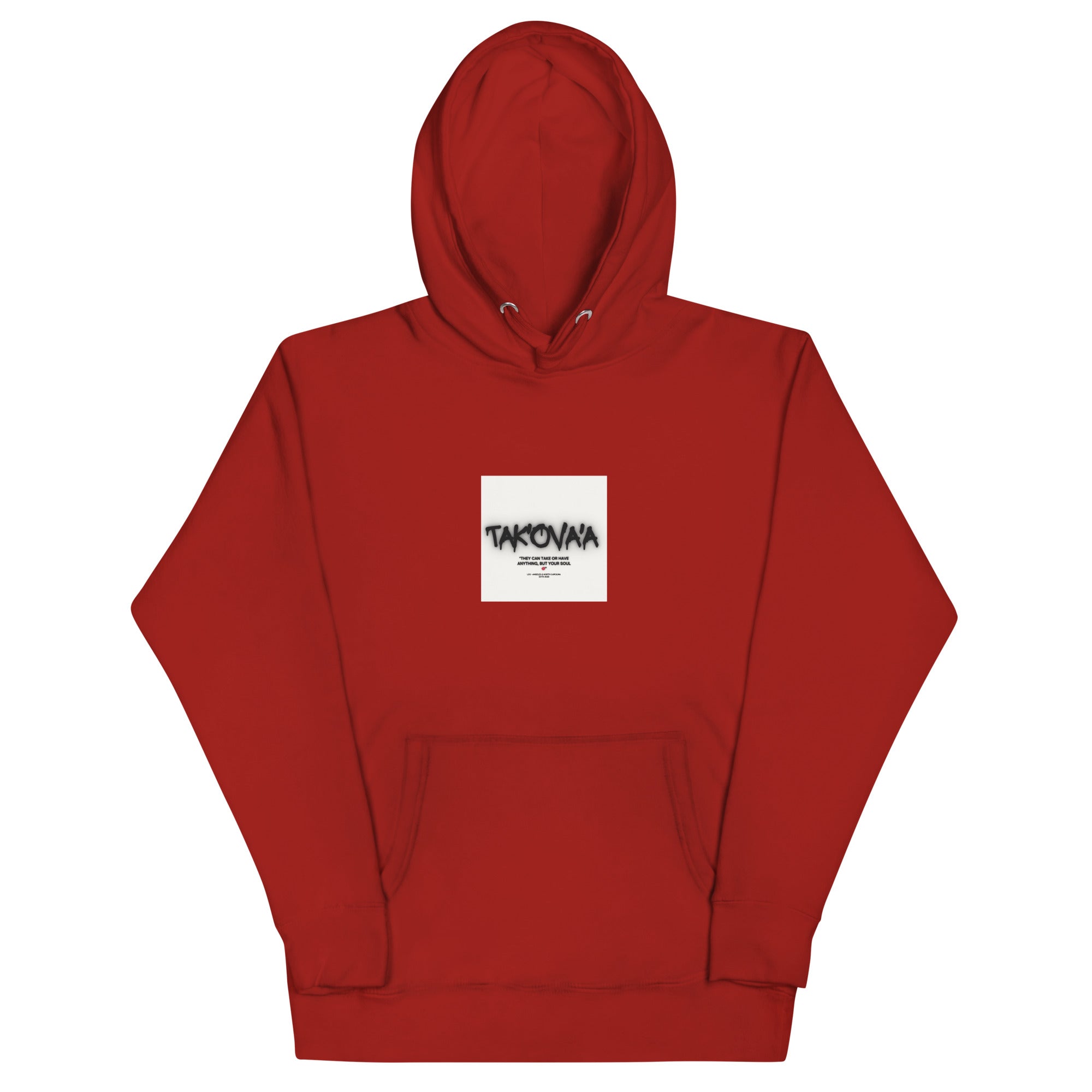 Red hoodie with a white logo on a white background