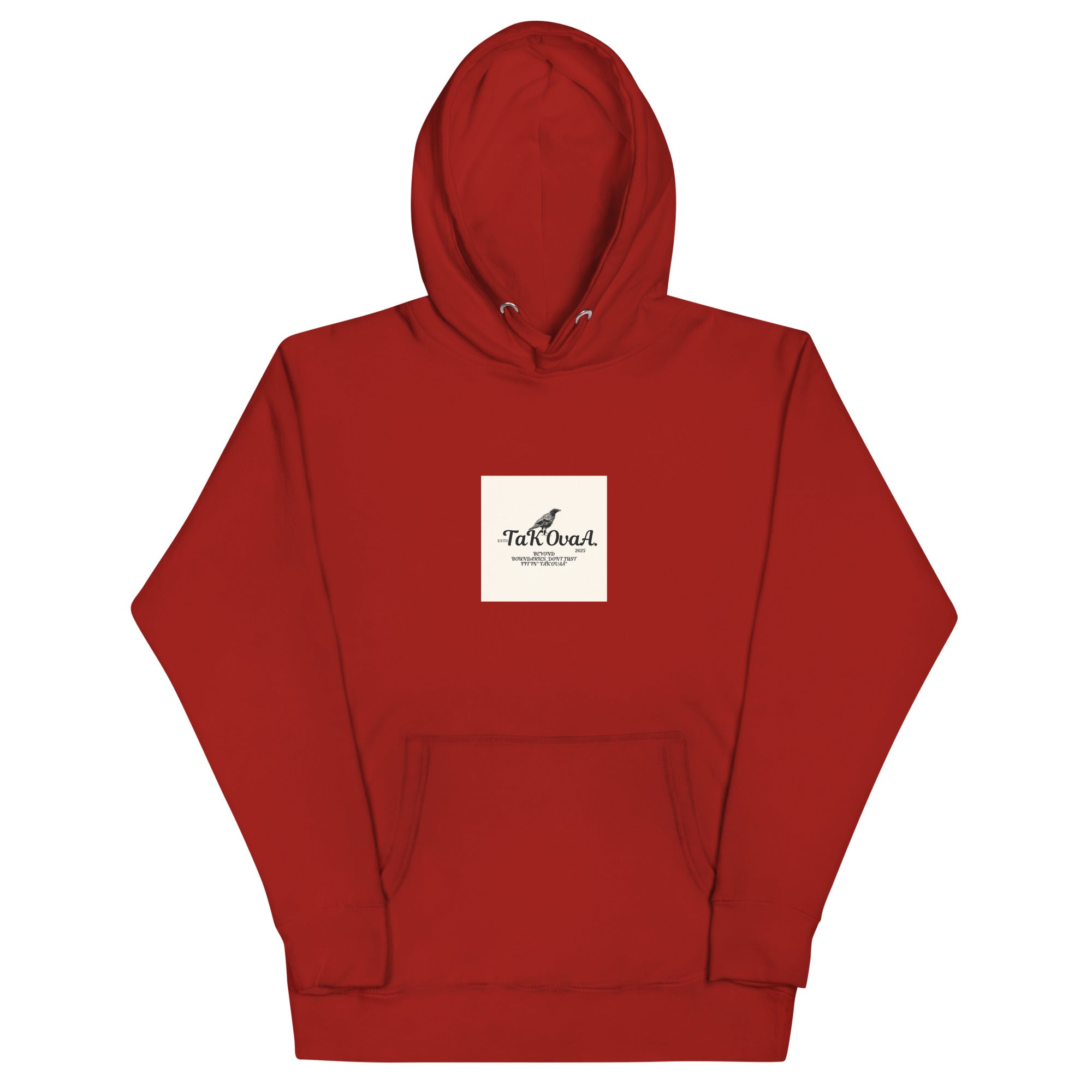 Red hoodie with a white logo on a white background