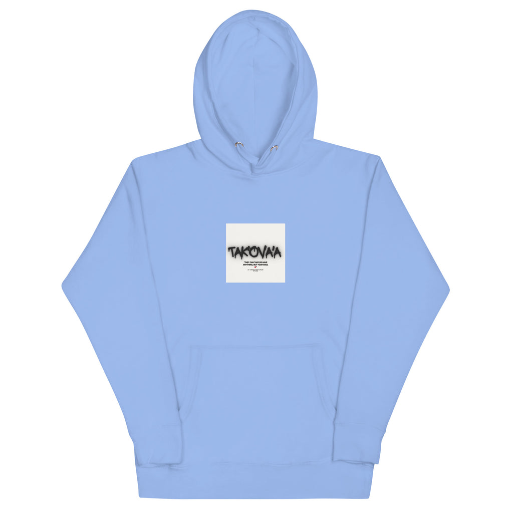 Light blue hoodie with a white logo on a white background