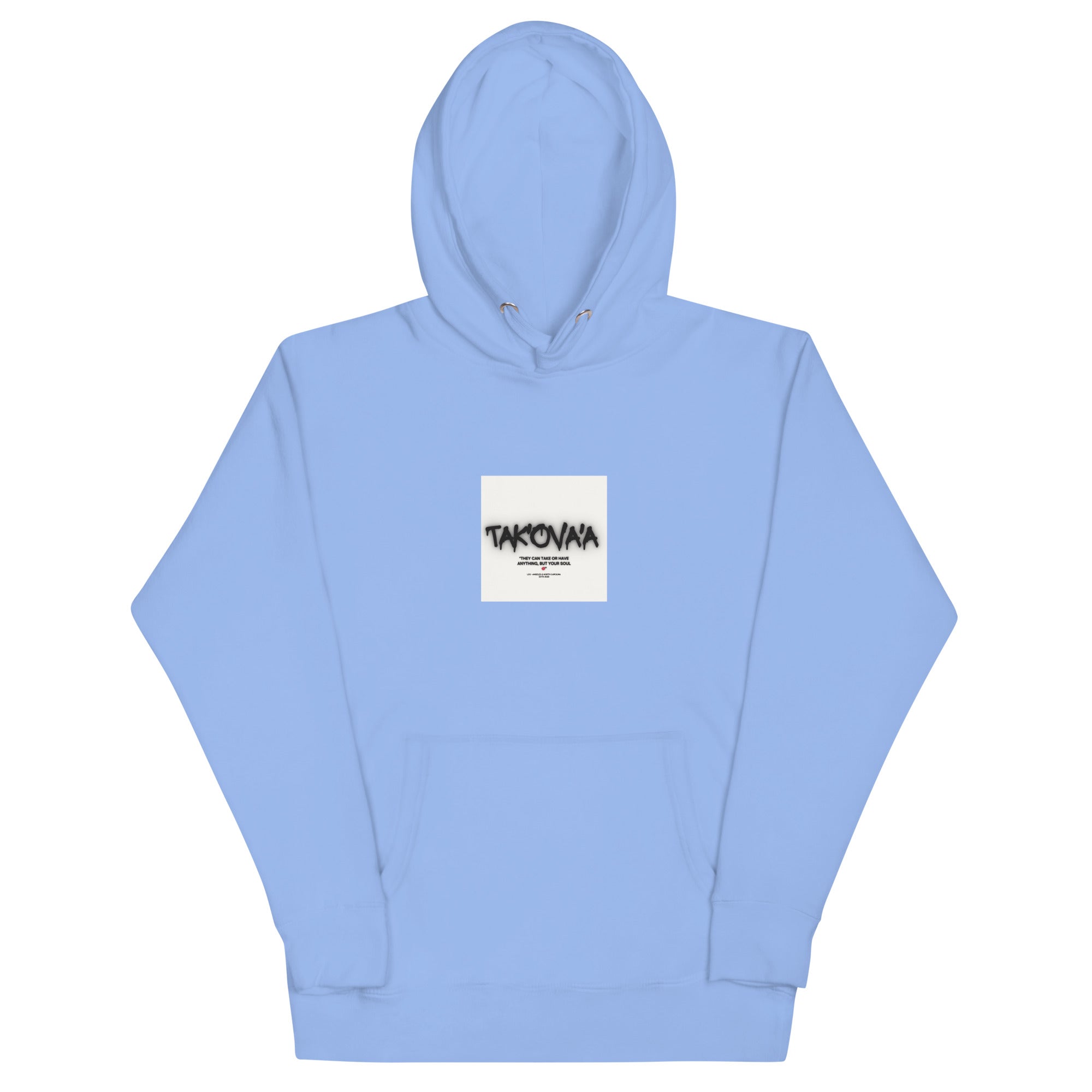 Light blue hoodie with a white logo on a white background