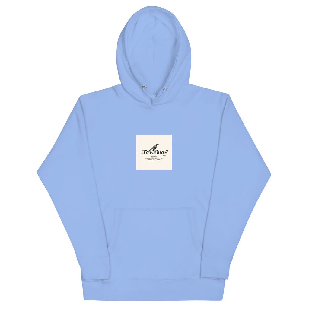 Light blue hoodie with a logo on the chest against a white background
