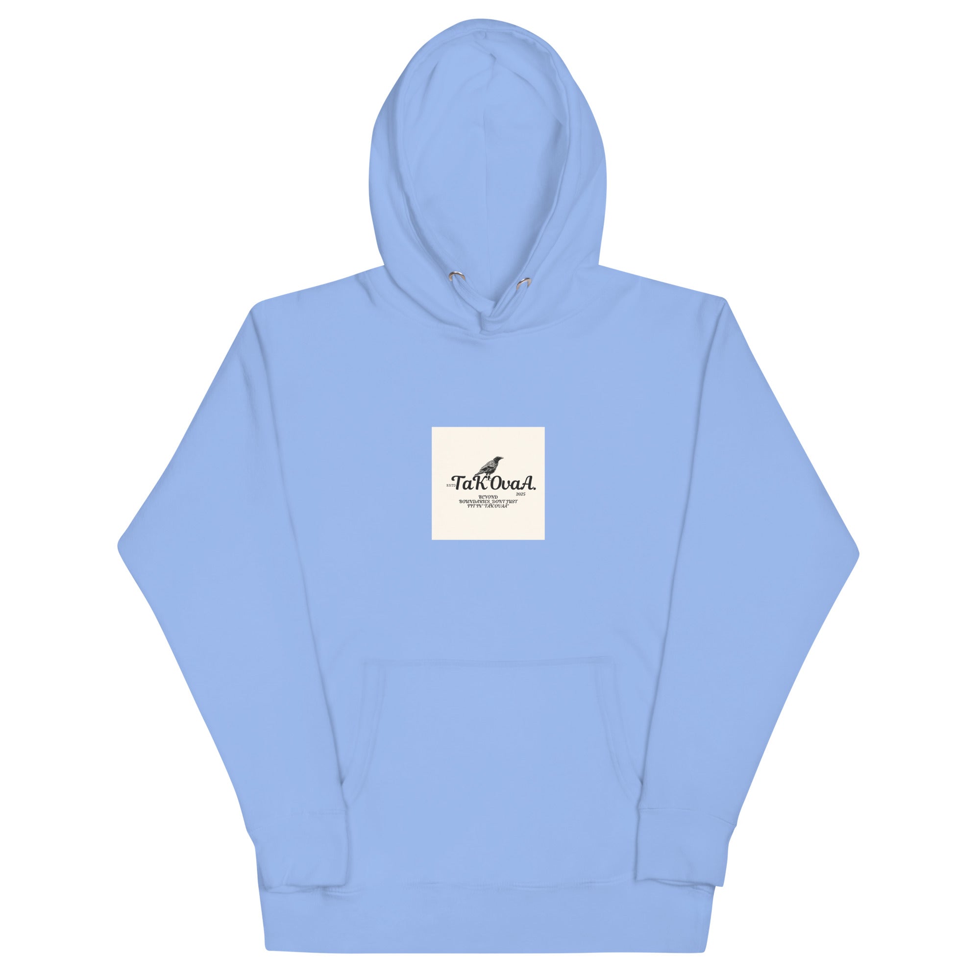 Light blue hoodie with a logo on the chest against a white background