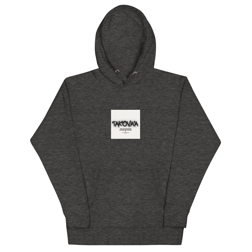 Dark gray hoodie with a white logo on a white background