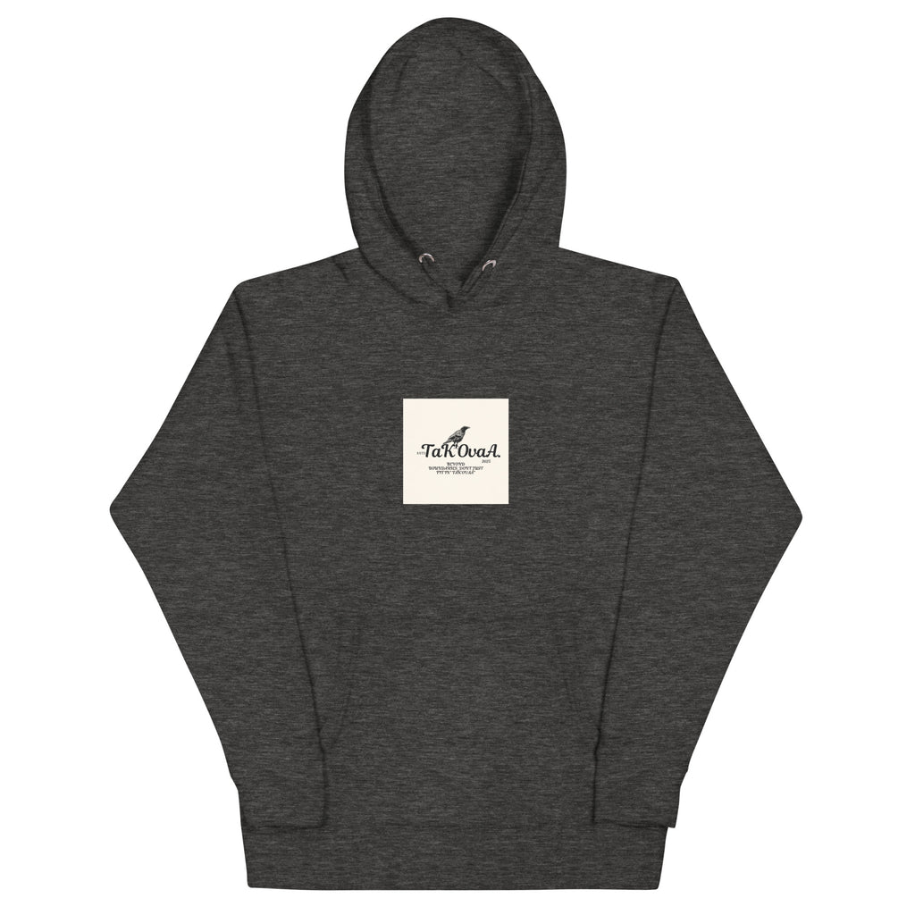 Dark gray hoodie with a white logo on a white background