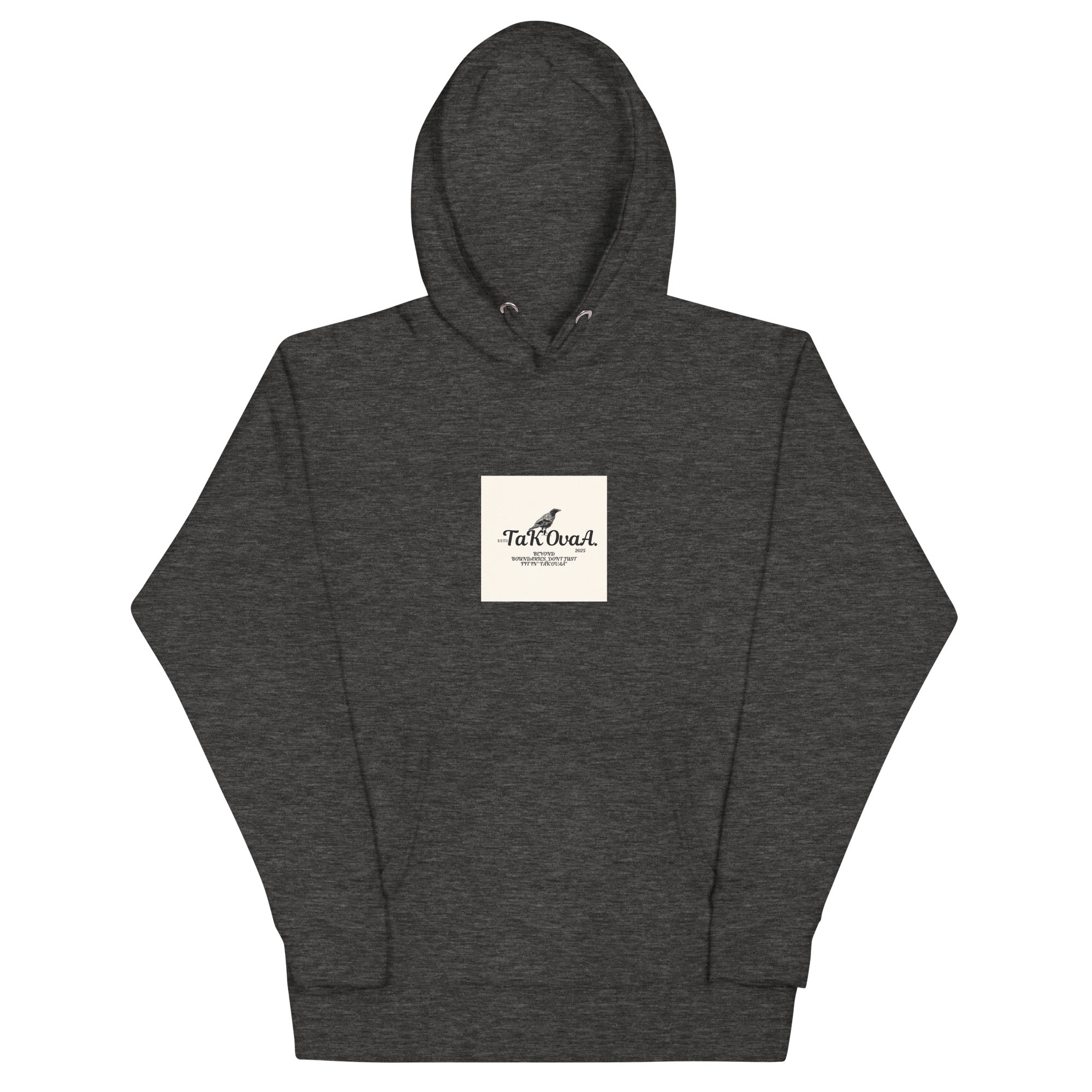 Dark gray hoodie with a white logo on a white background