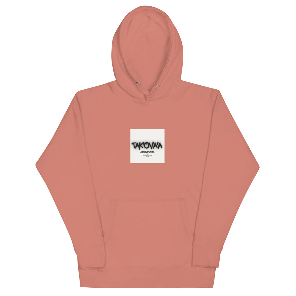 Coral hoodie with a white logo on a white background