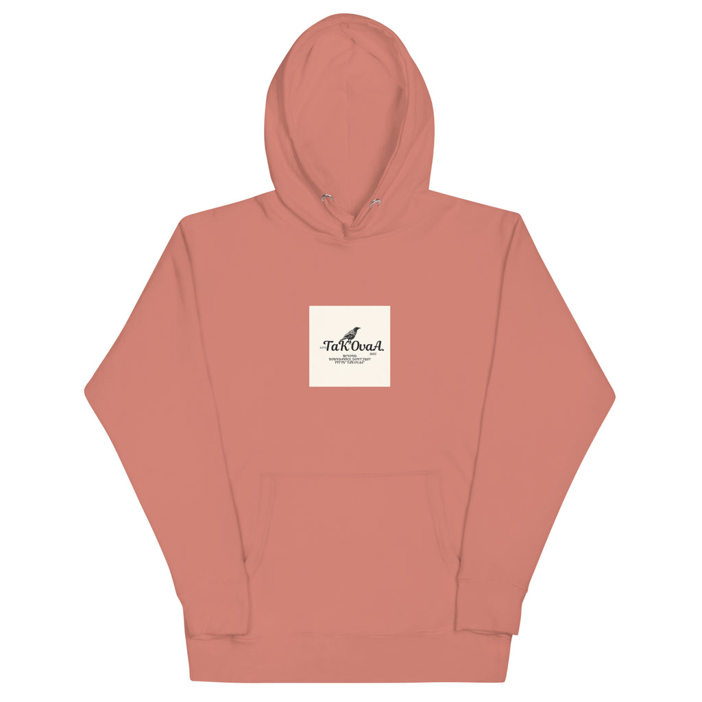 Coral hoodie with a logo on the chest against a white background
