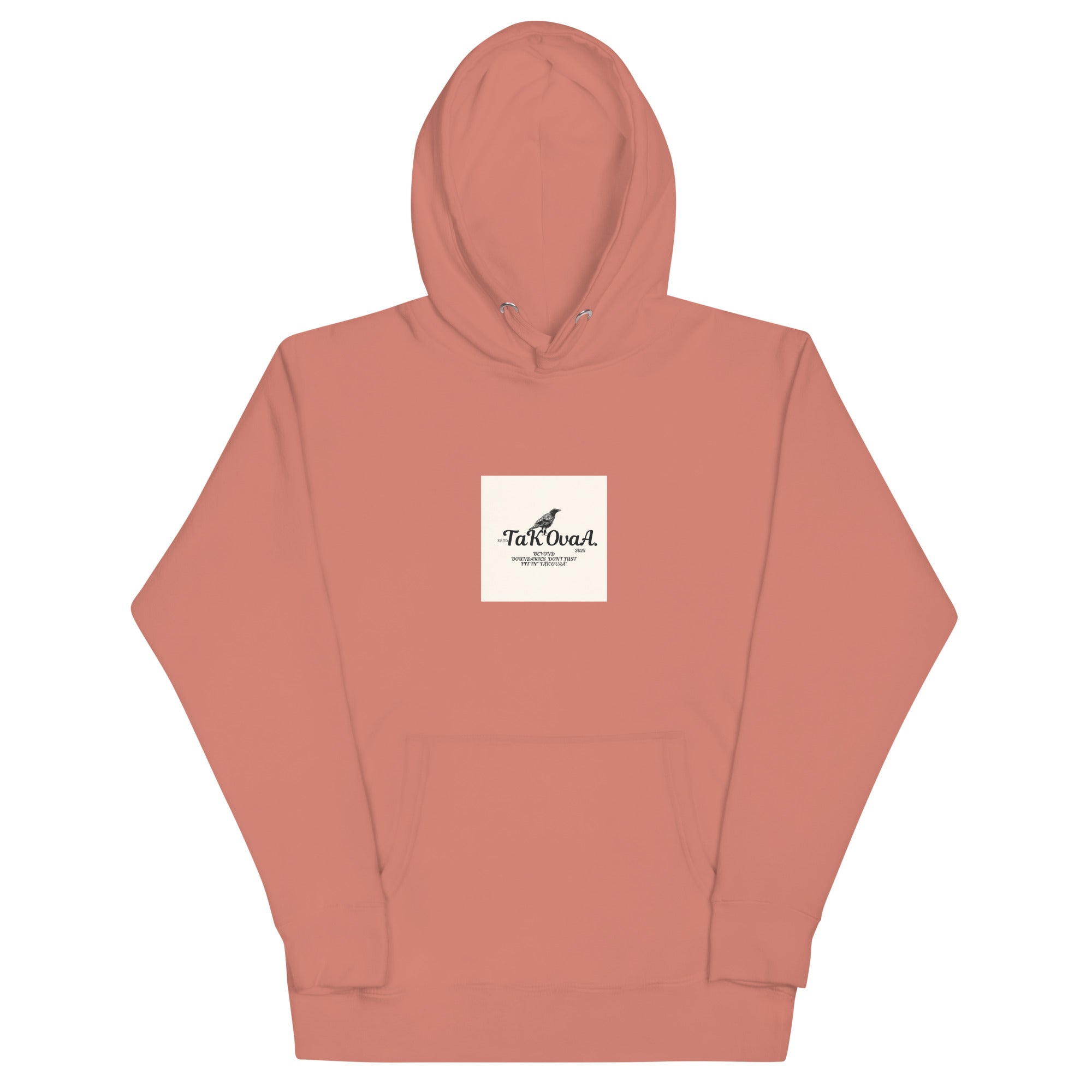 Coral hoodie with a logo on the chest against a white background
