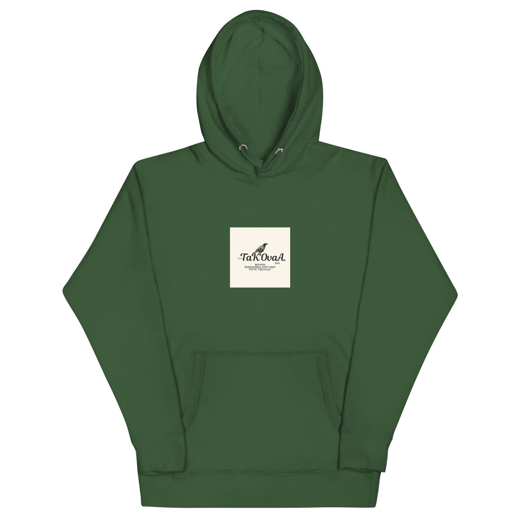 Green hoodie with a white logo on a white background