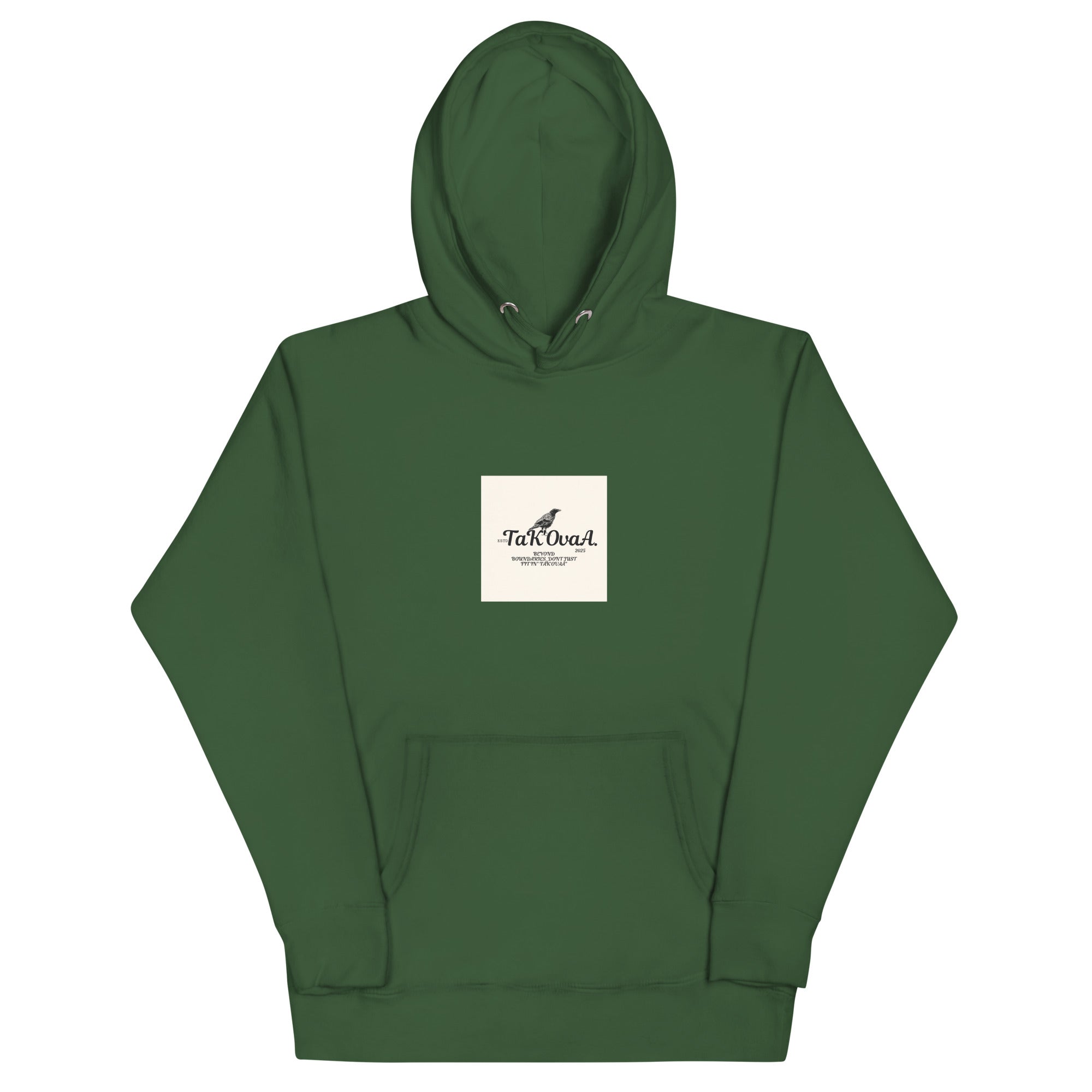 Green hoodie with a white logo on a white background