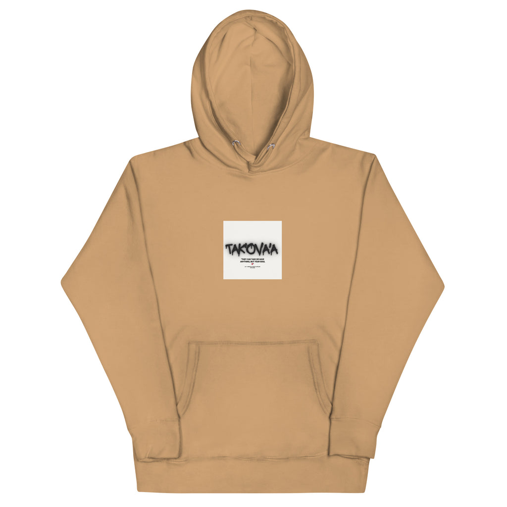 Beige hoodie with a white patch featuring text on a white background