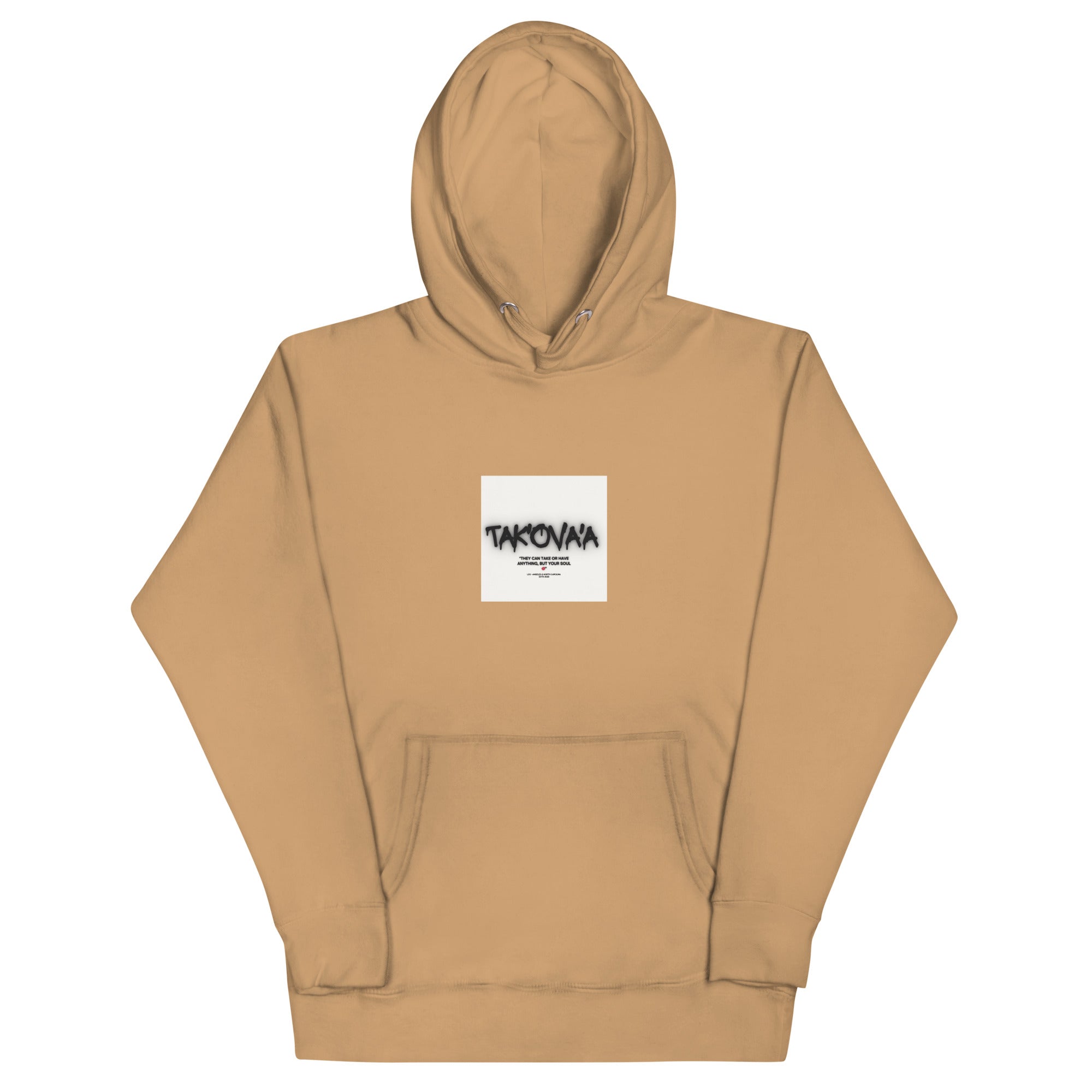 Beige hoodie with a white patch featuring text on a white background