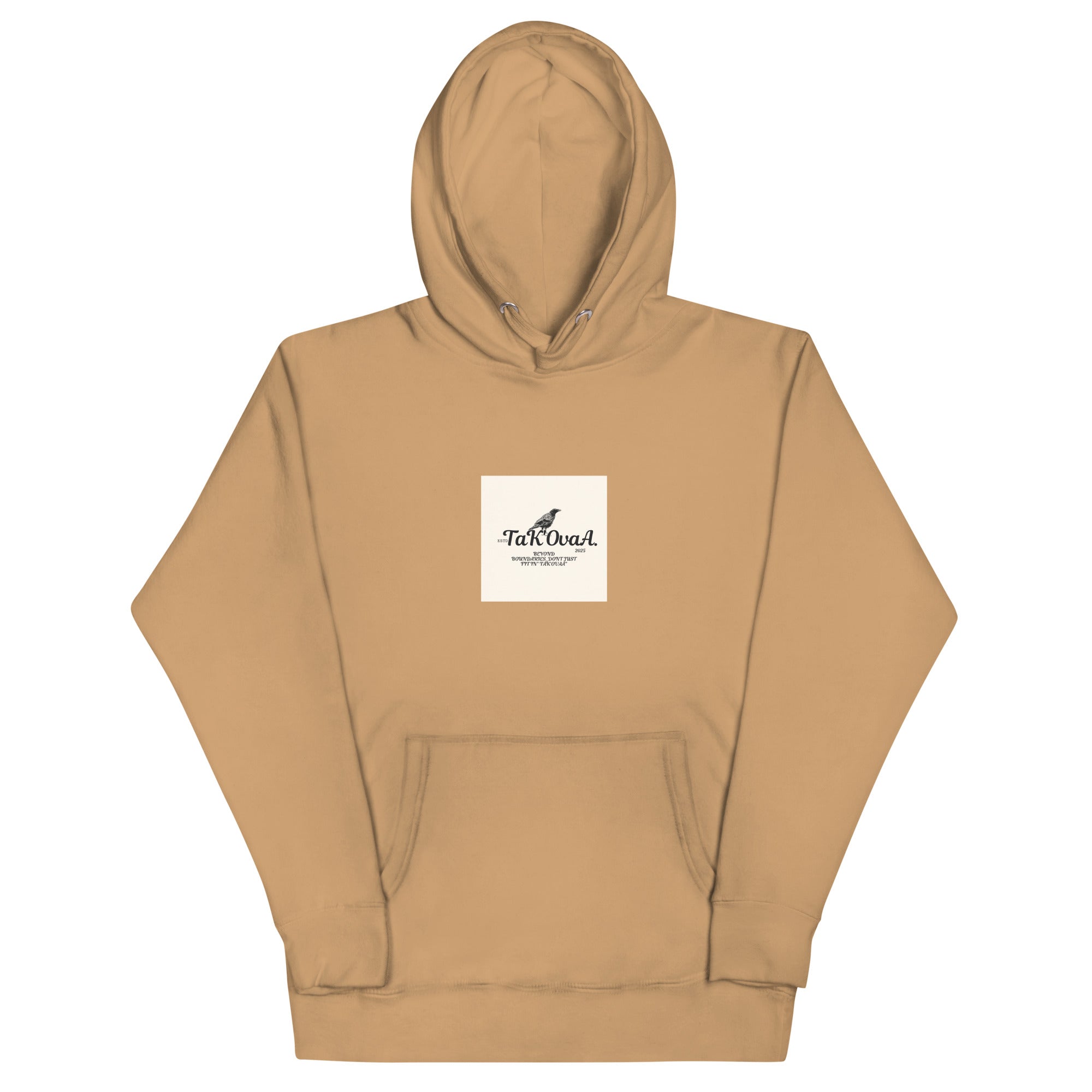 Tan hoodie with a logo on the chest against a white background