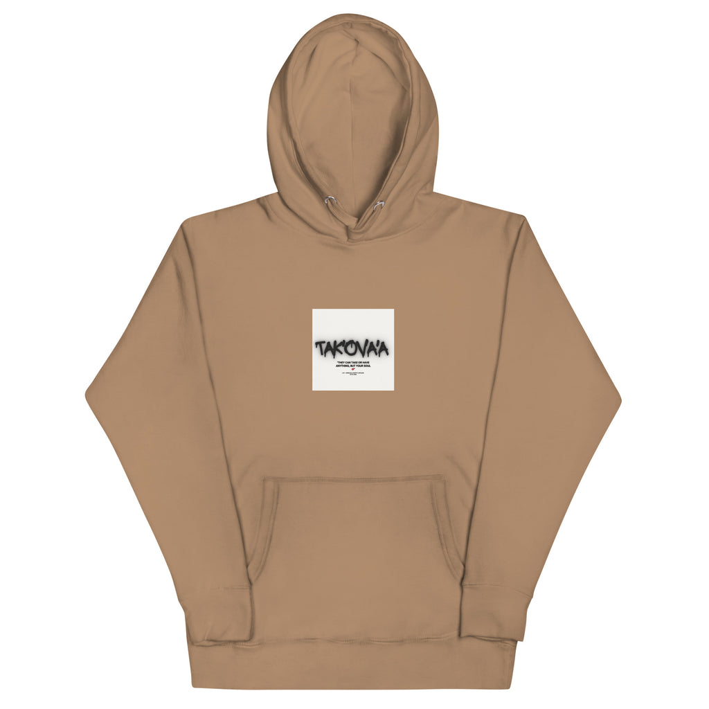Brown hoodie with a white label on a white background