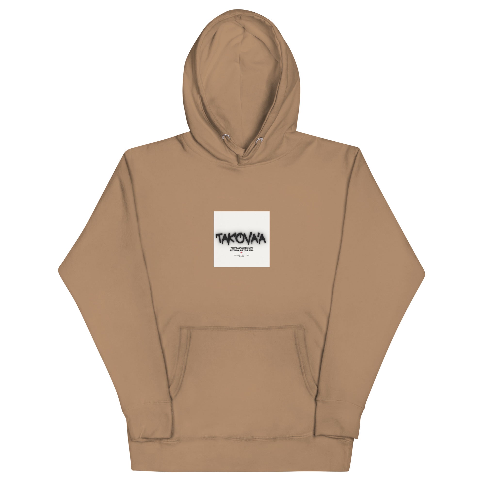 Brown hoodie with a white label on a white background