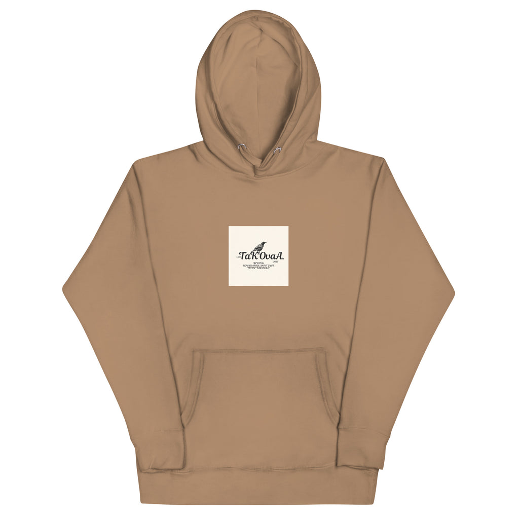 Brown hoodie with a logo on the chest against a white background