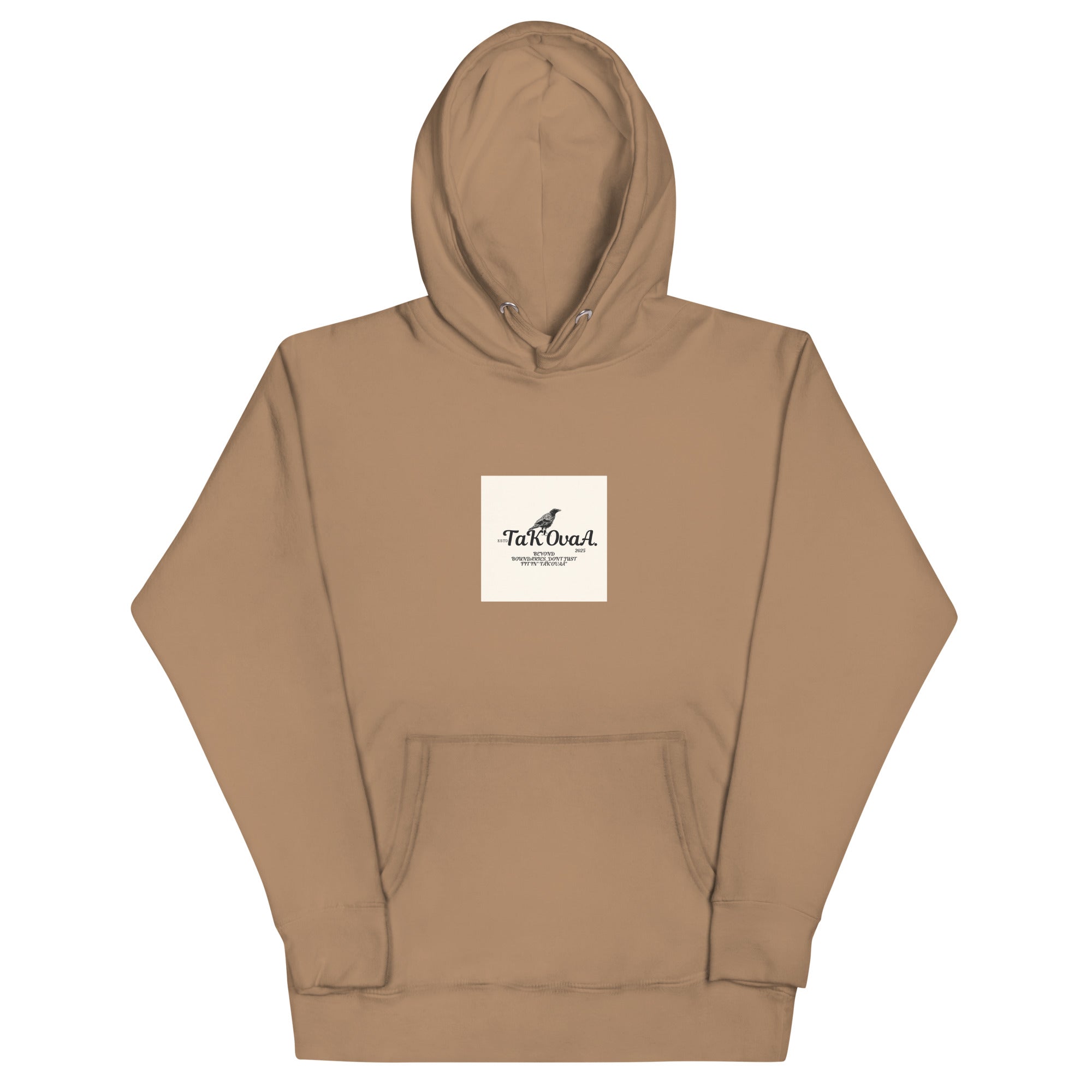 Brown hoodie with a logo on the chest against a white background