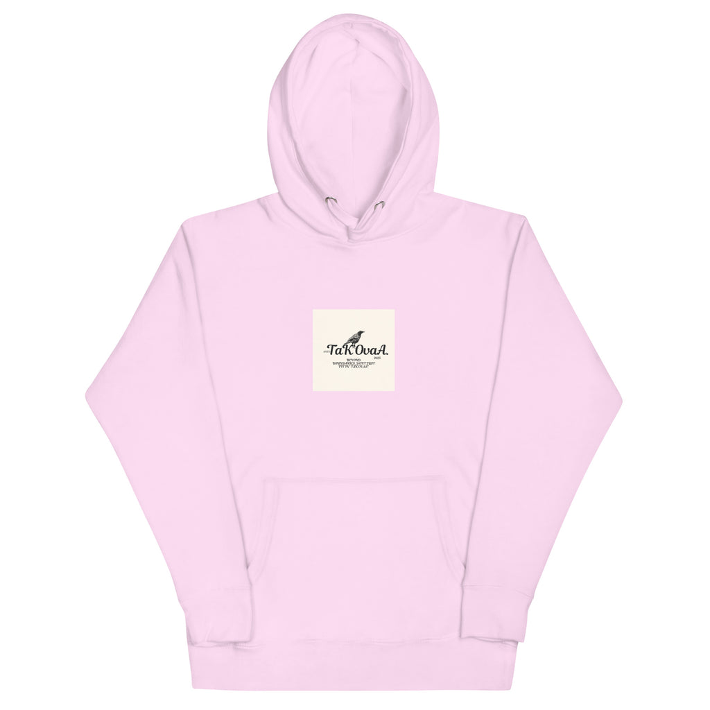 Light pink hoodie with a small logo on a white background