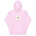 Light pink hoodie with a small logo on a white background