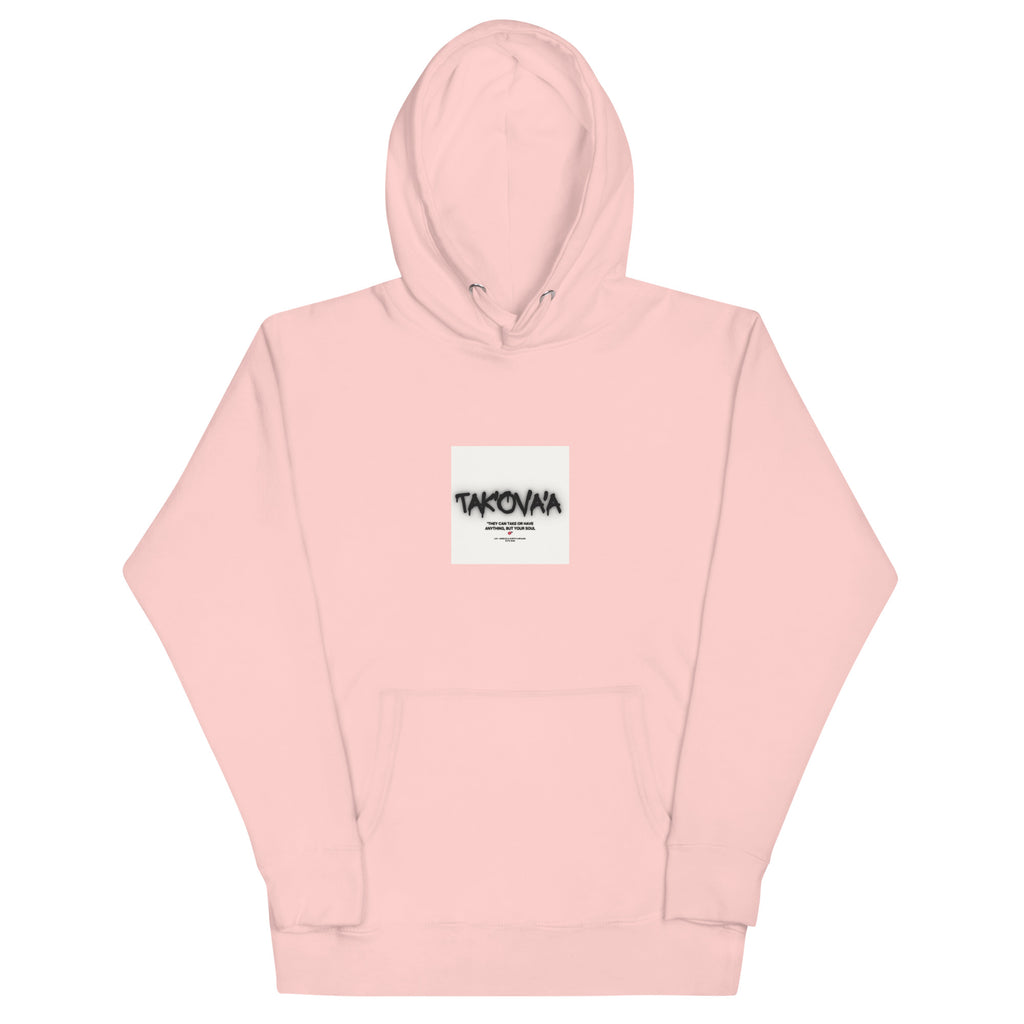 Pink hoodie with a small white label on a white background