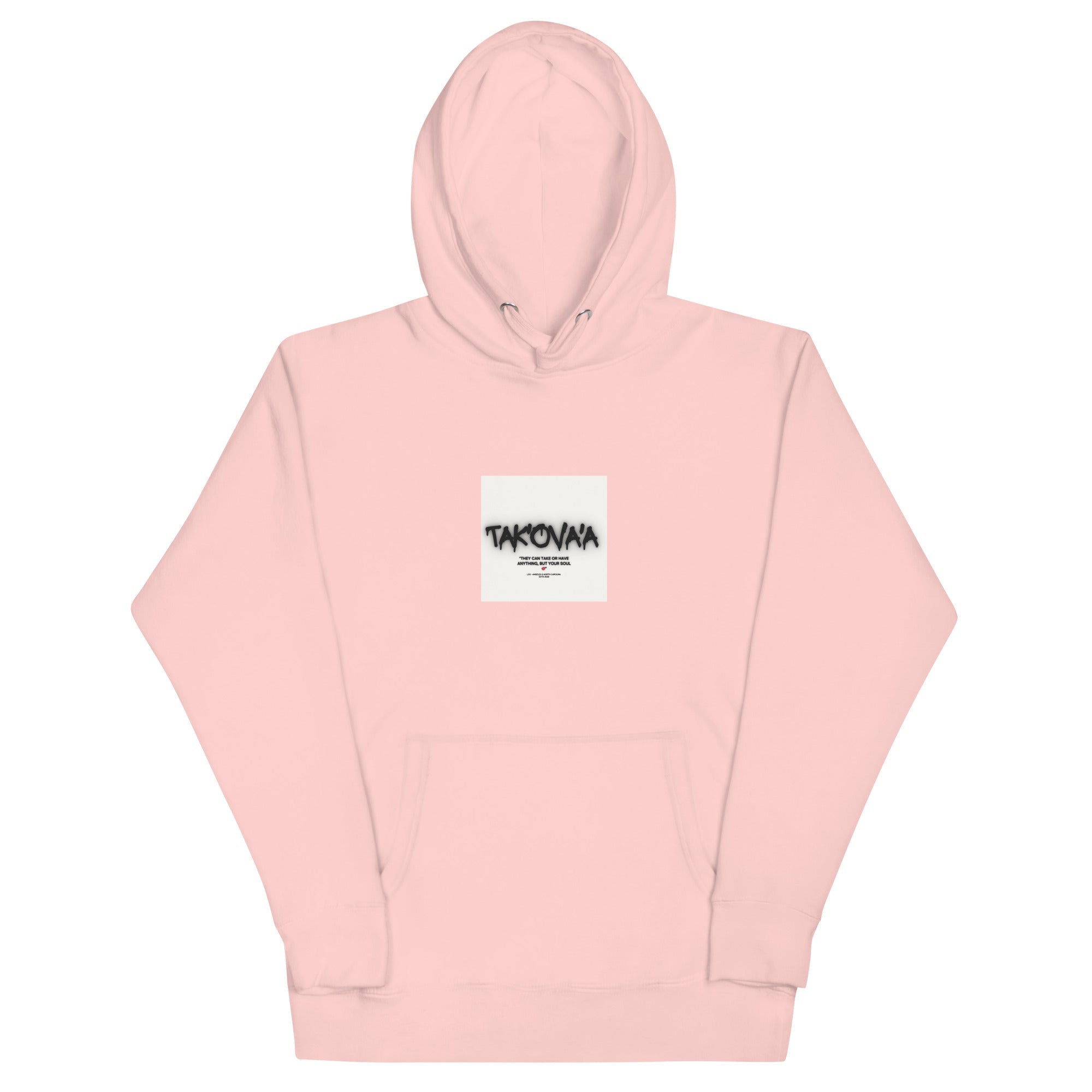 Pink hoodie with a small white label on a white background