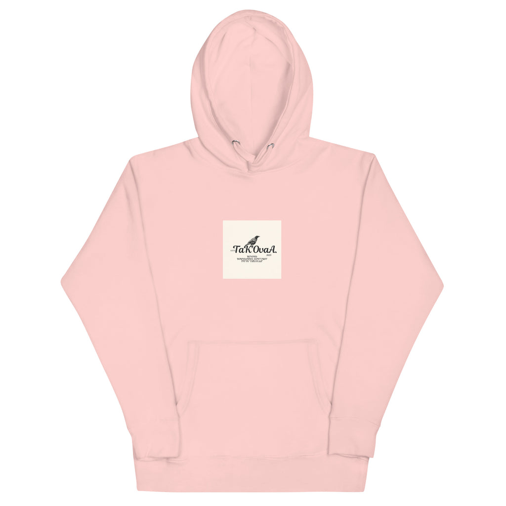 Pink hoodie with a small logo on a white background