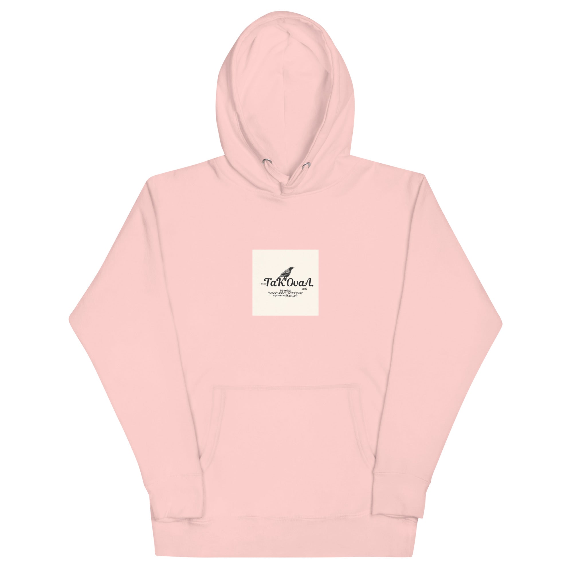 Pink hoodie with a small logo on a white background