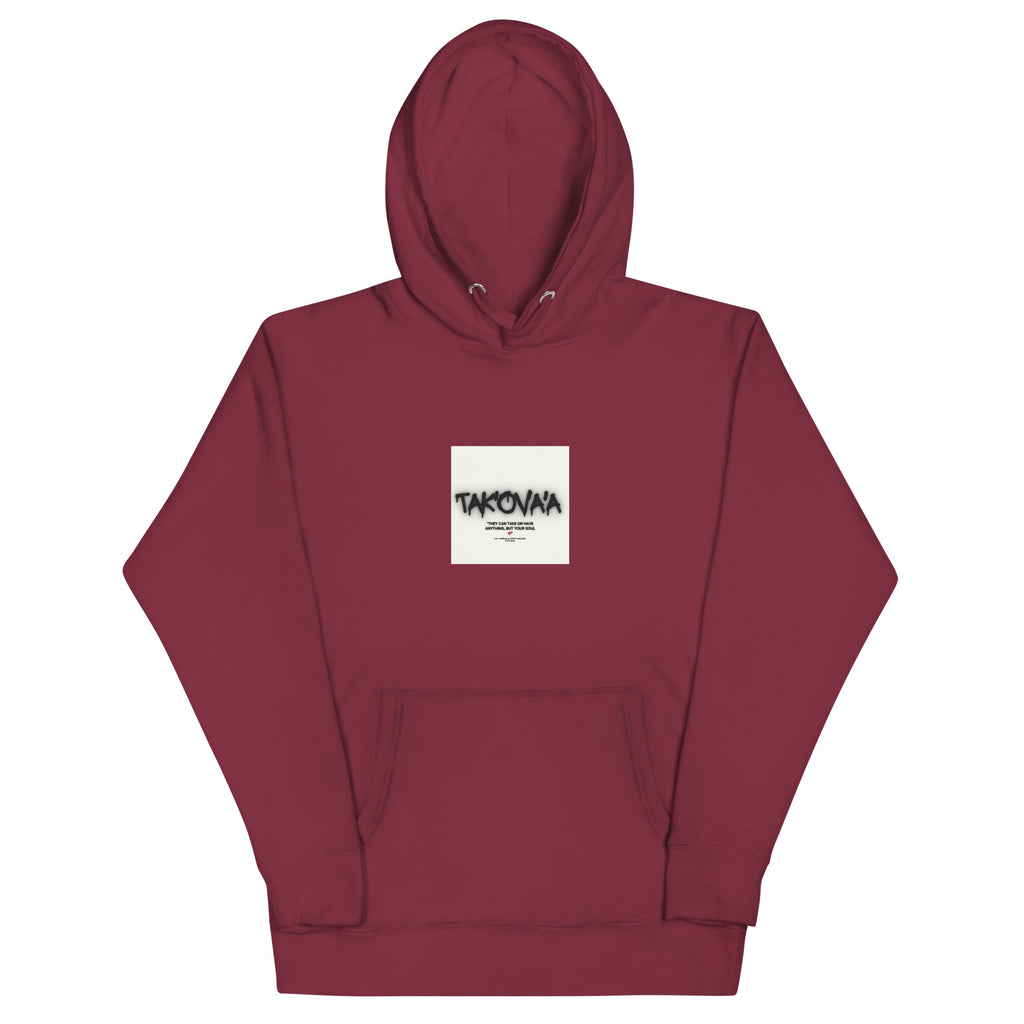 Maroon hoodie with a white logo on a white background