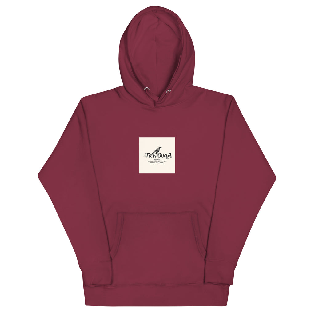 Maroon hoodie with a white logo on a white background