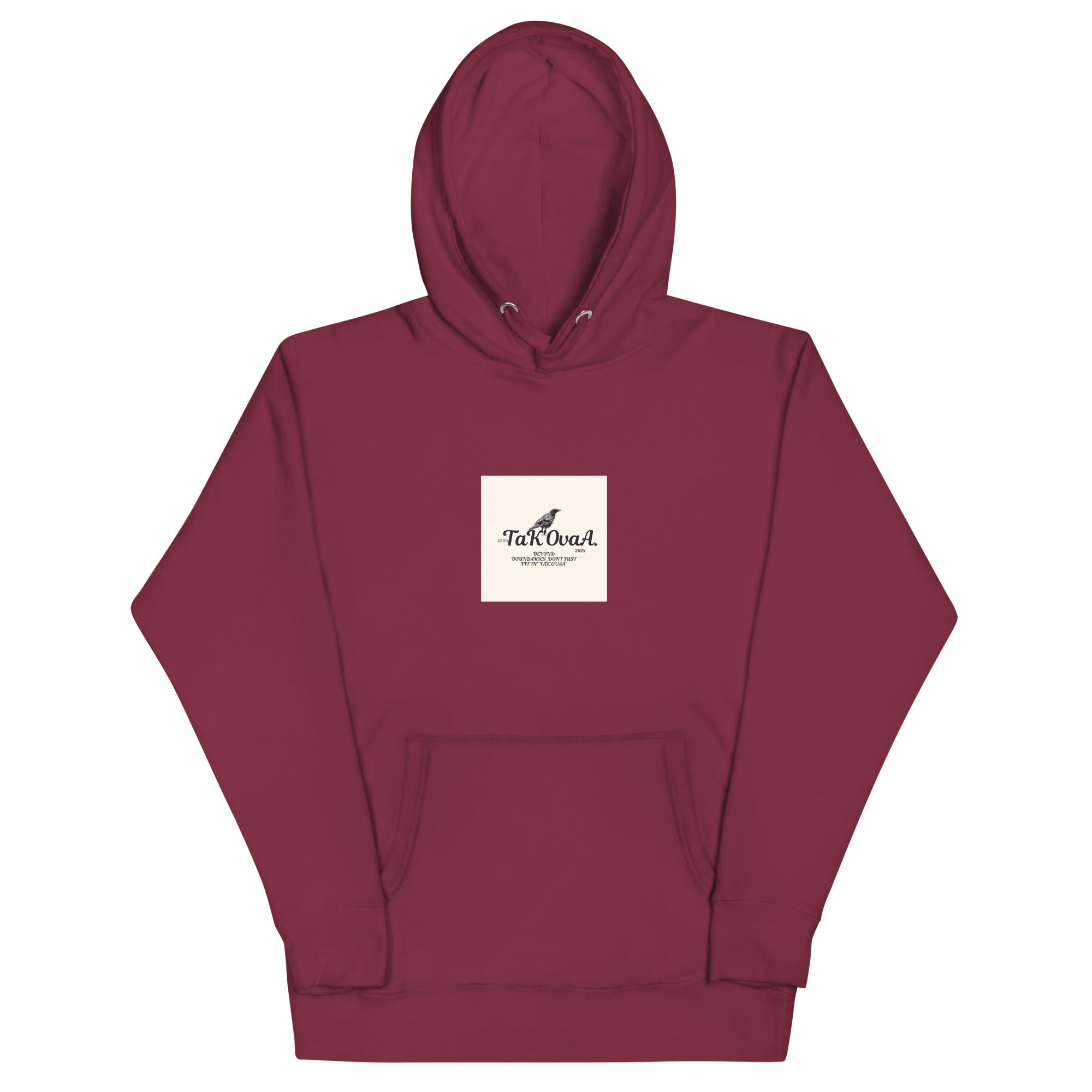 Maroon hoodie with a white logo on a white background